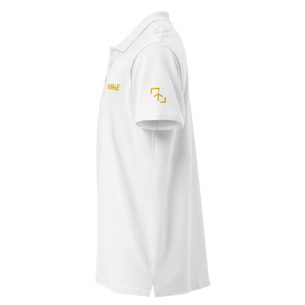 Polo Pádel Club · diseño A · blanca con bordado amarillo · manga