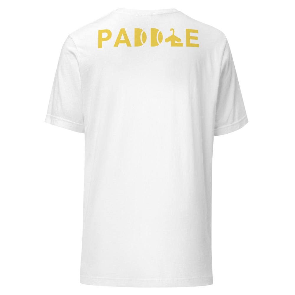 Camiseta Pádel Club · diseño B · blanca con bordado amarillo · espalda