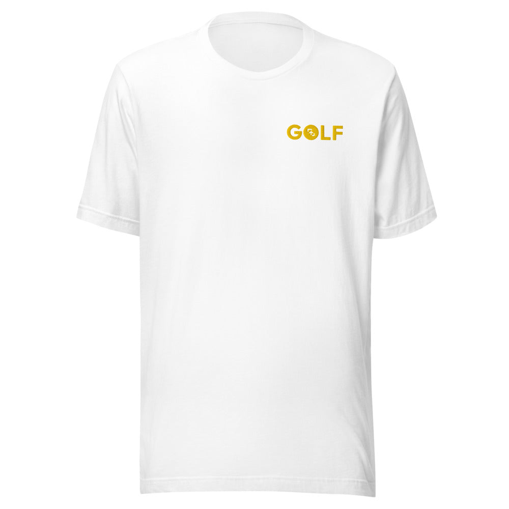 Camiseta Golf Club · diseño A · prenda blanca, hilo amarillo