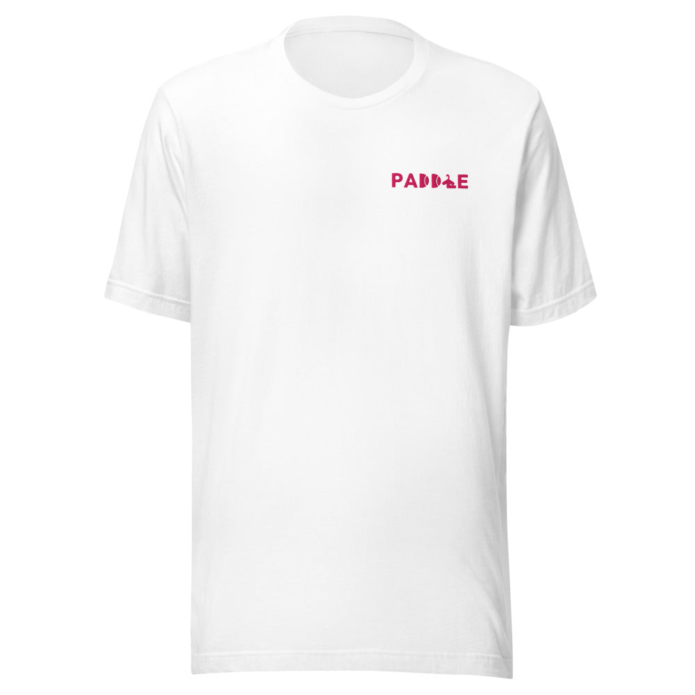 Camiseta Pádel Club · diseño A · blanca con bordado rosa