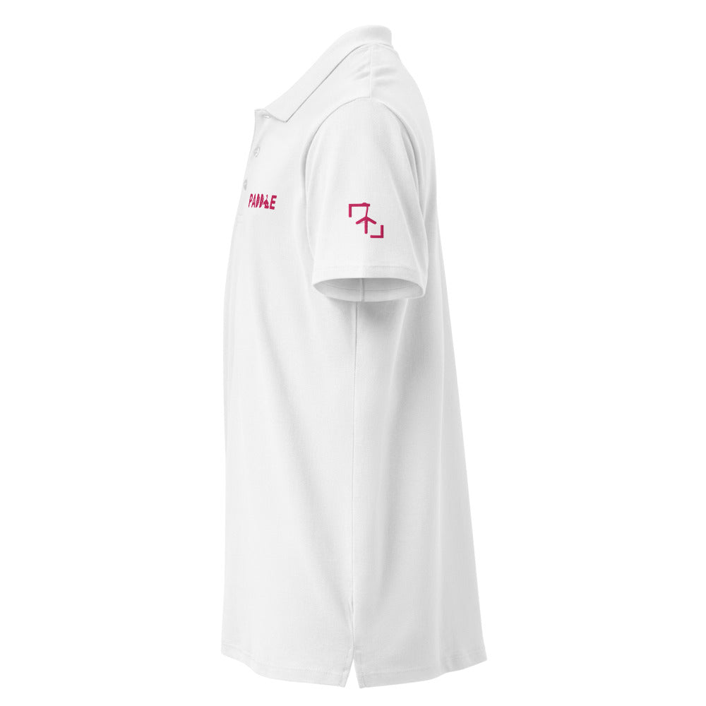 Polo Pádel Club · diseño A · blanca con bordado rosa · manga