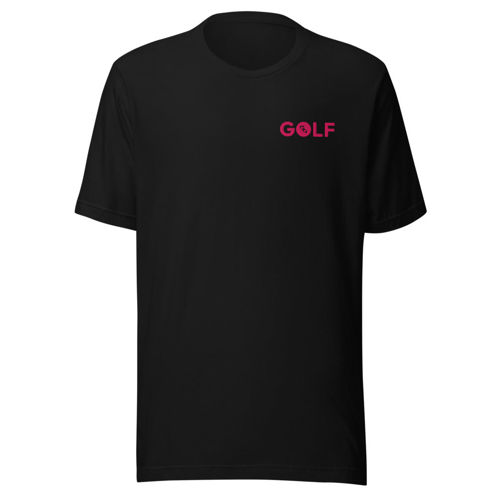Camiseta Golf Club · diseño A · prenda negra, hilo rosa