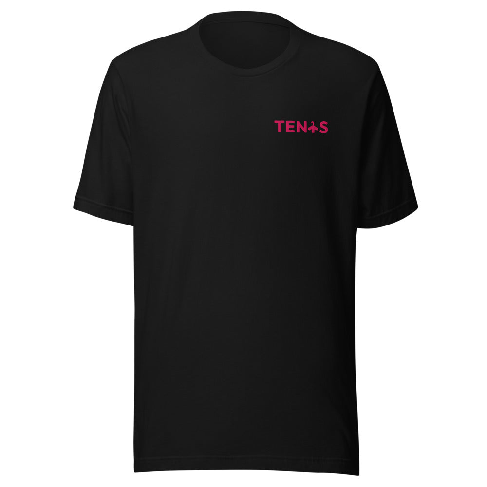 Camiseta Tenis Club · diseño A · negra con bordado rosa