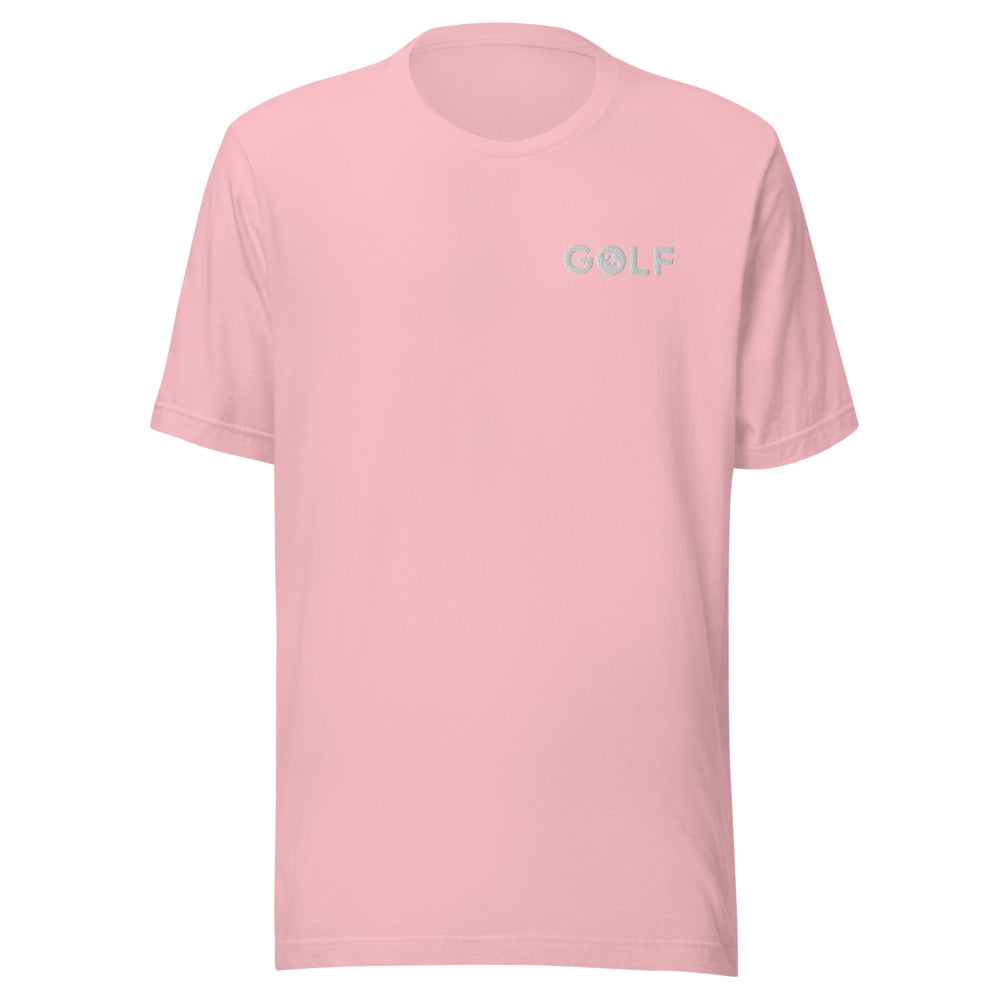 Camiseta Golf Club · diseño A · prenda rosa, hilo blanco