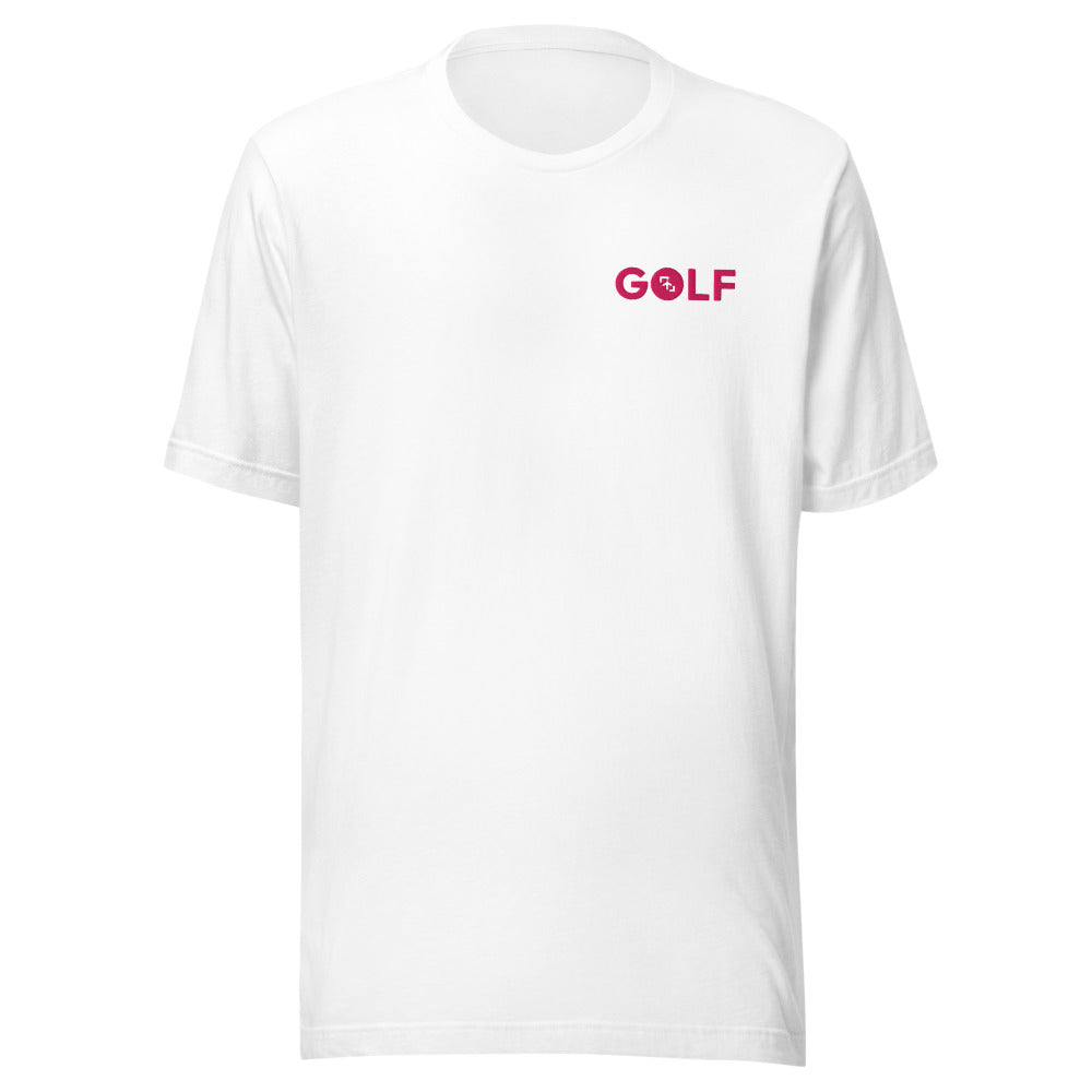 Camiseta Golf Club · diseño A · prenda blanca, hilo rosa