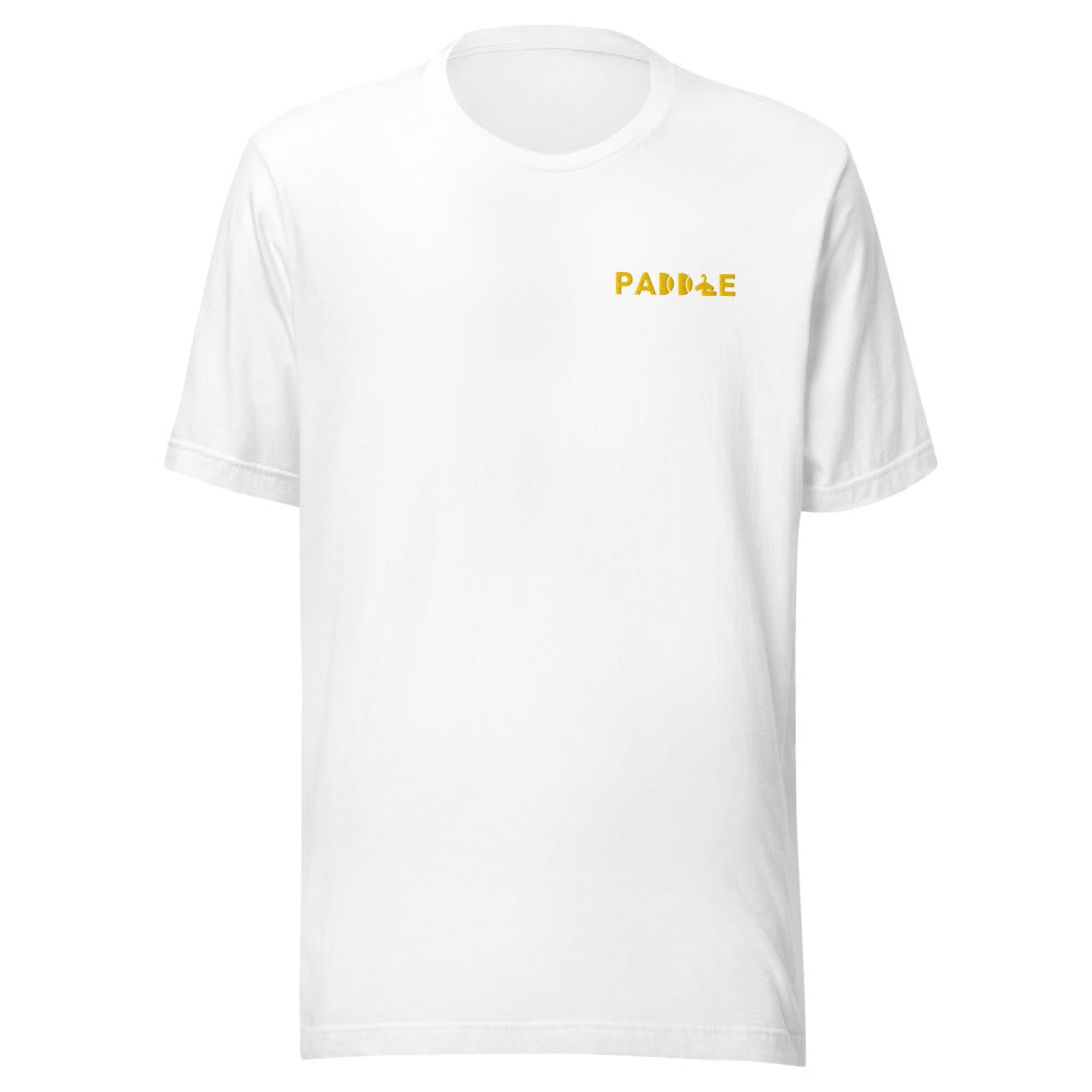Camiseta Pádel Club · diseño A · blanca con bordado amarillo