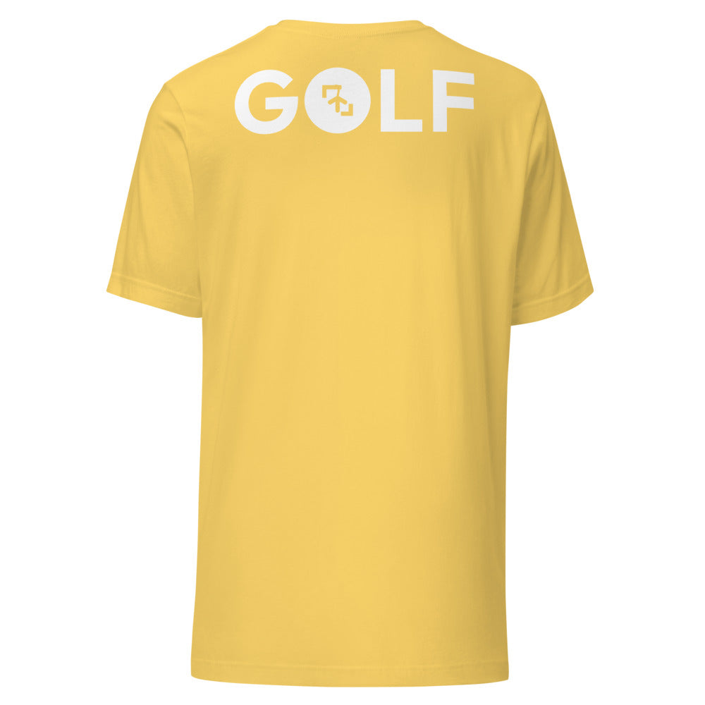 Camiseta Golf Club · diseño B · prenda amarilla, hilo blanco (espalda)