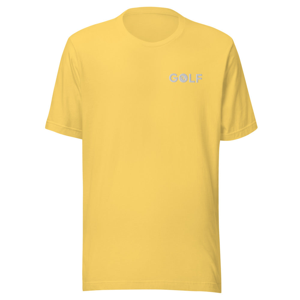Camiseta Golf Club · diseño A · prenda amarilla, hilo blanco